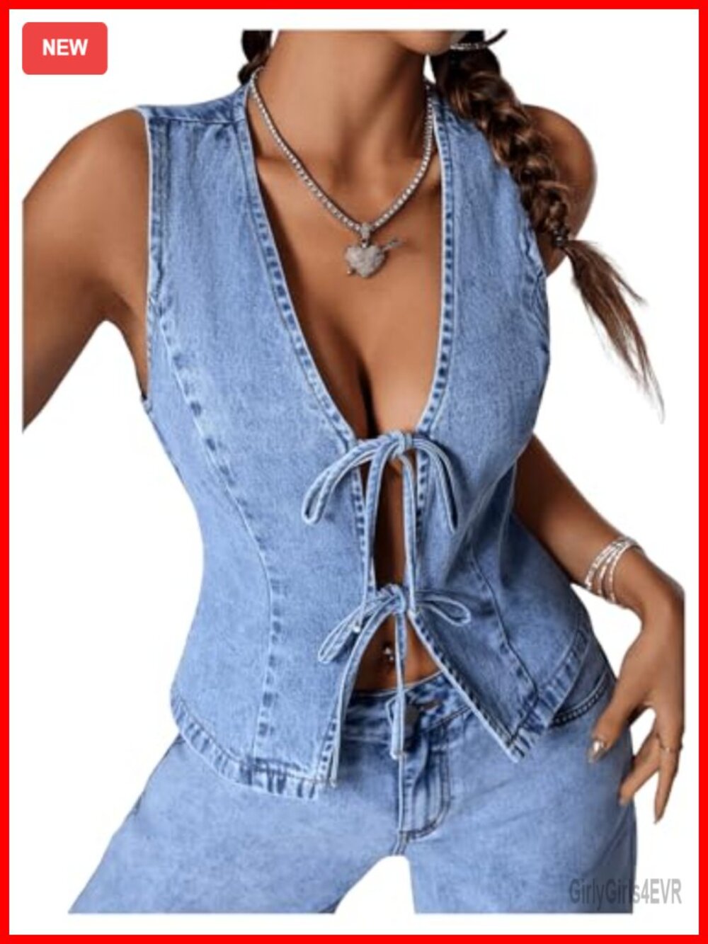 Tie Bow Front Deep V Neck Denim Vest Sleeveless Jean Jacket